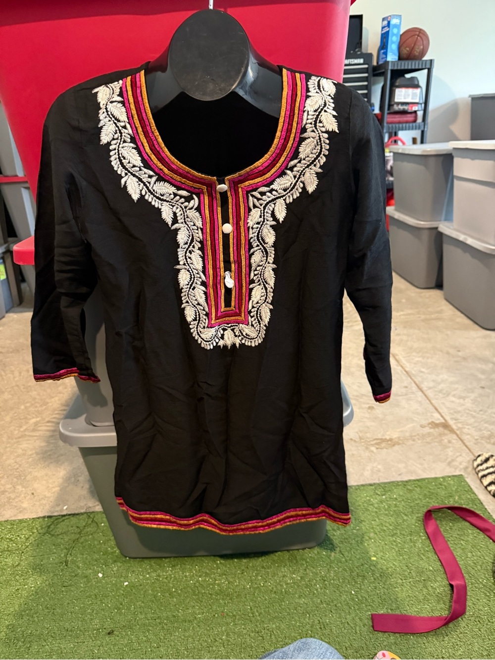 Black Embroidered Tunic Top with Pink Accents 93